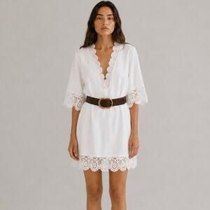 Oyrosy Lace Mini Dress Womens XS White Linen V-neck Mid-length Sleeve Belted NWT